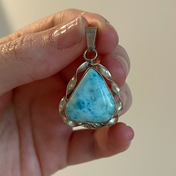 Handmade Jewelry - Huge Handmade Larimar Stone Set in 925 From Grand Turk Island Necklace Pendant